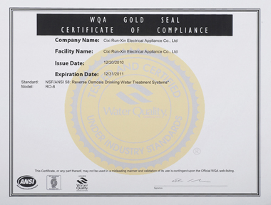 WQA Gold Seal Certificate of Compliance